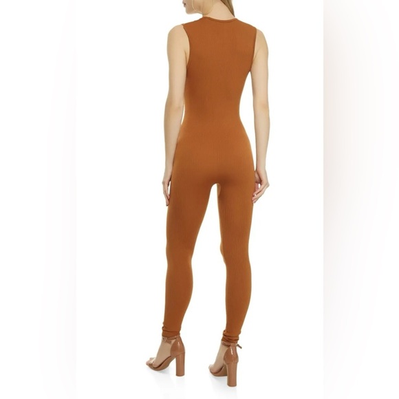 Daisy | Camel Brown Ribbed Catsuit Jumpsuit - Picture 2 of 11
